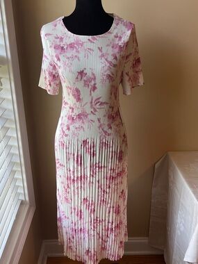 Cream Midi Dress with Pink Floral Print